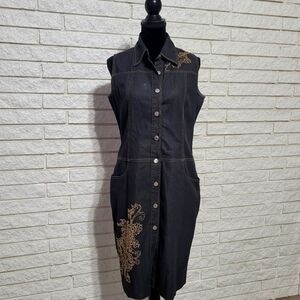 Peter Nygard Sz 10 Shirt Dress Black Light Denim Sleevless Knotty Beaded Details